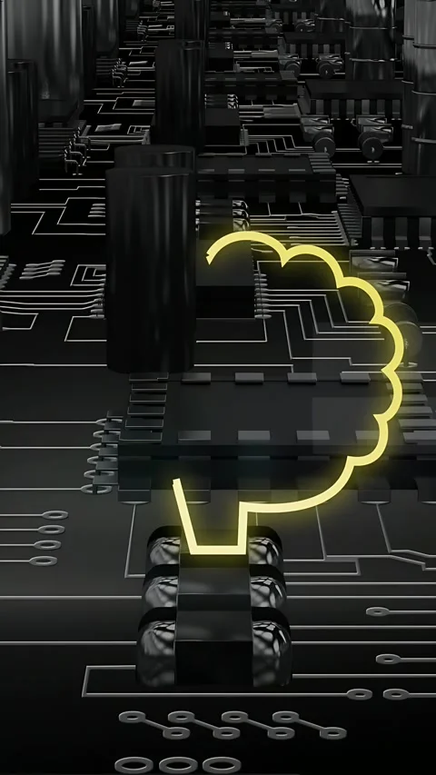 Vertical video: L line lighting, tracing brain outline over PCB, chip AI Stock Footage 334859839