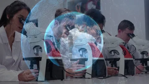 Vertical video: Lab cueing quartet using scope and slides for study while globe Video stock 331227534