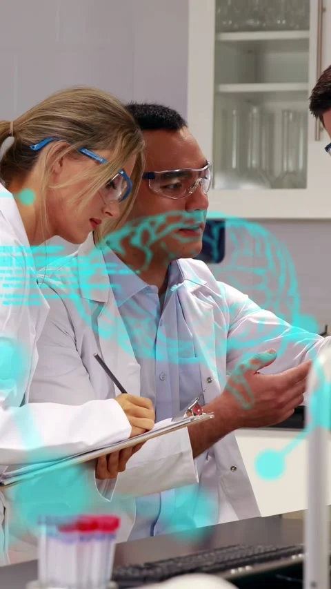 Vertical video: Lab duo leaning in as man raising sample, clip noting, cyan Stock Footage 335264207