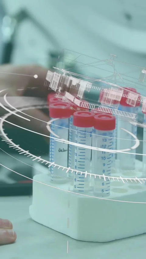 Vertical video: Lab hand entering frame activating AR overlays, lifting red-cap Stock Footage 330395489