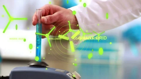Vertical video: Lab hand placing test tube into mixer for mixing, green rings Stockbeeldmateriaal 333255528