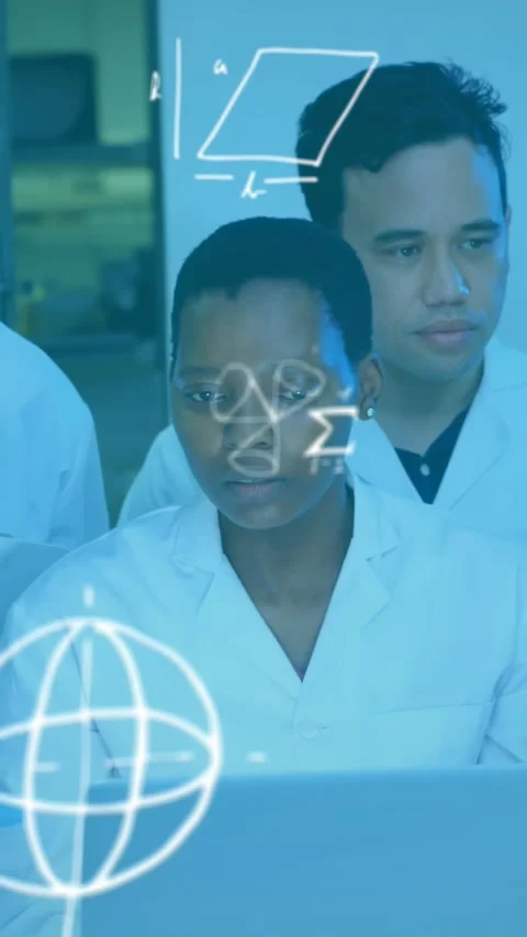 Vertical video: Lab researcher entering laptop data, showing math shapes and Stock Footage 330430356