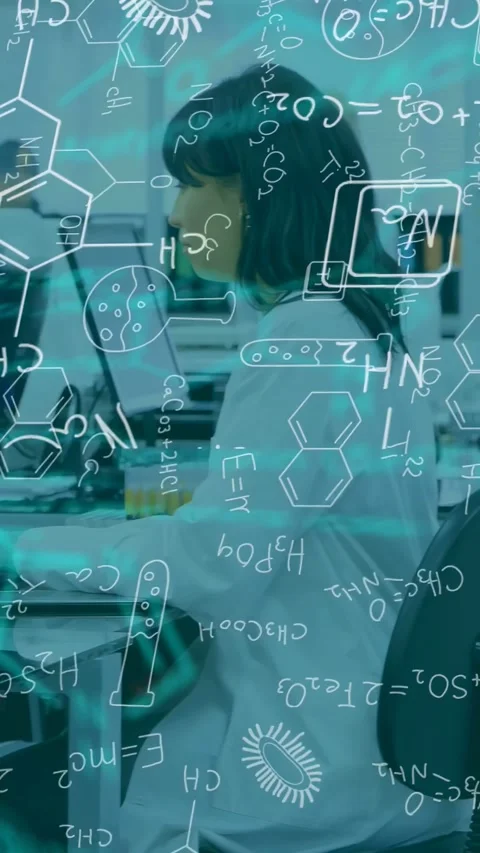 Vertical video: Lab researcher typing on PC and moving tubes at bench, HUD Stock Footage 340133470