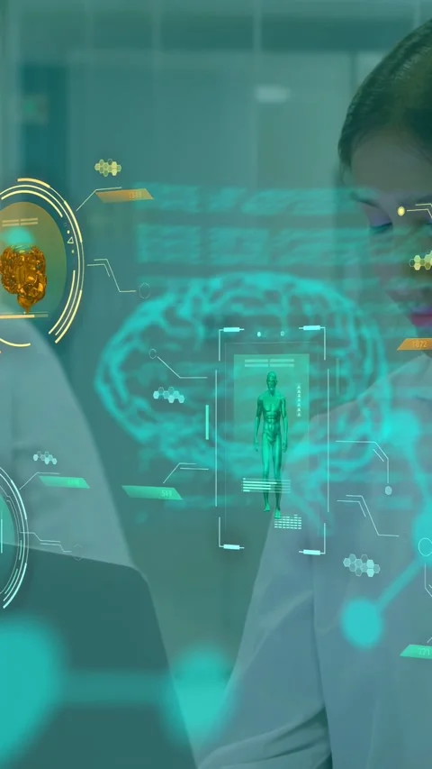 Vertical video: Lab scientist gazing at laptop starting AR brain scan and code Stock Footage 332776045