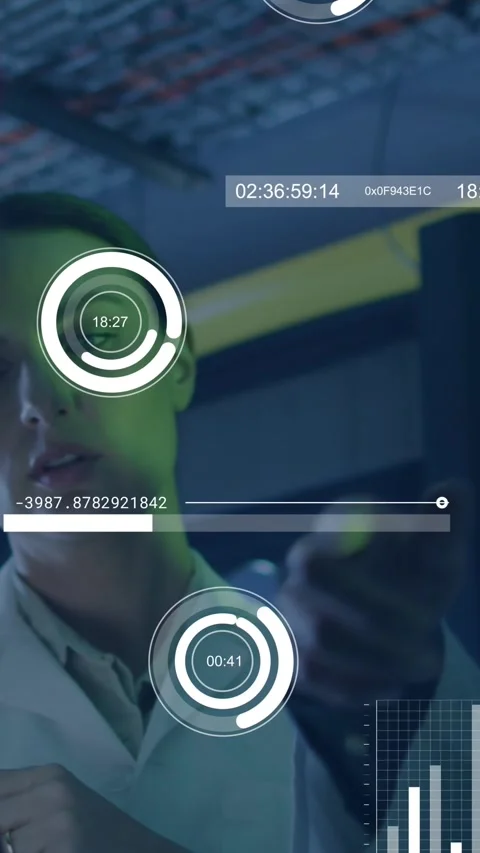 Vertical video: Lab scientist raising hand and using holographic charts and Stock Footage 330395047