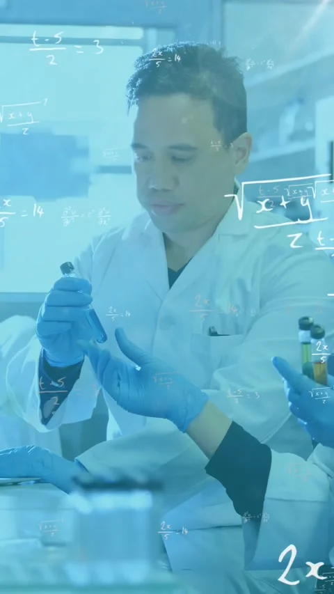 Vertical video: Lab scientist taking vial after assistant offering tube, math Stock Footage 330430351