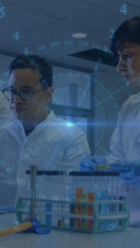 Vertical video: Lab scientist testing strip starting team checking laptop for Stock Footage 334600550