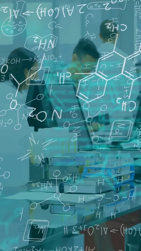 Vertical video: Lab staff typing on PC starting teal chemical overlay showing Stock Footage 340133472