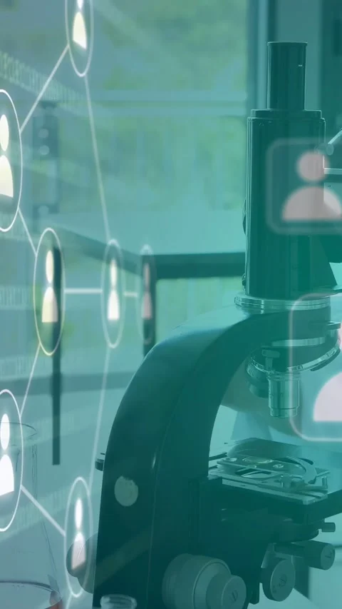 Vertical video: Lab student placing slide, focusing scope, sparking animated Video stock 335802832
