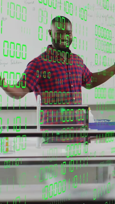 Vertical video: Lab teacher gesturing, teaching demo after offscreen hand tap Stock Footage 334704814