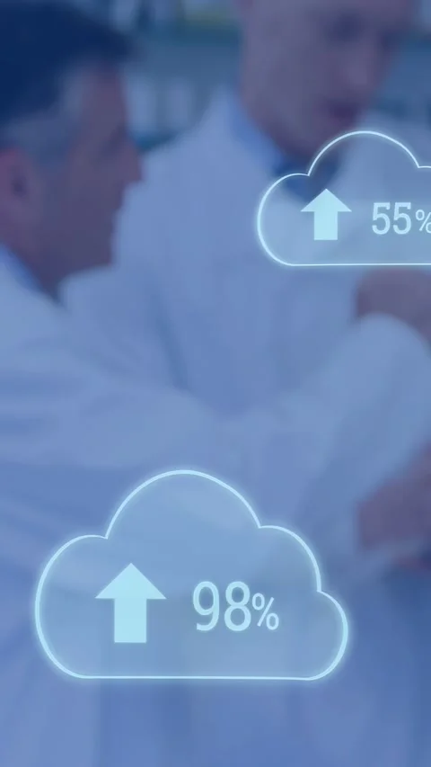 Vertical video: Lab team checking data and gesturing as lower cloud HUD nearing Stock Footage 332594559