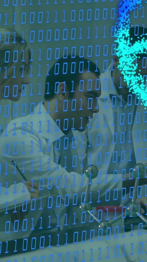 Vertical video: Lab team making model, sparking binary code and dots, covering Video stock 332806896