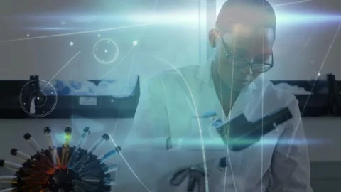 Vertical video: Lab tech adjusting microscope and pipetting, HUD marking samples Stock Footage 330509080