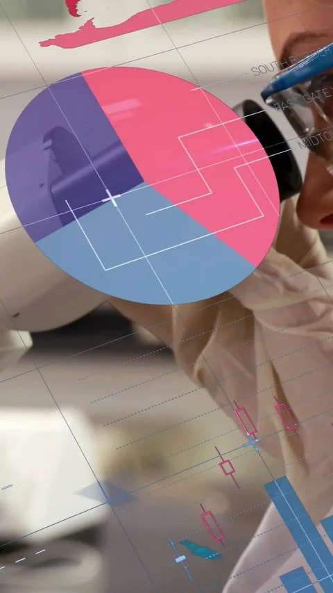 Vertical video: Lab tech aligning ocular, gloved hand initiating charts with pie Stock Footage 330509915