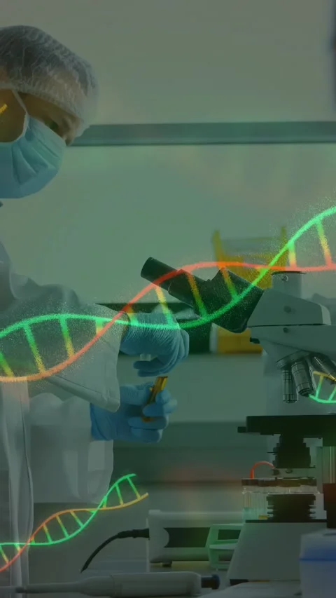 Vertical video: Lab tech bringing sample to microscope, focusing, viewing DNA Stock Footage 330396001