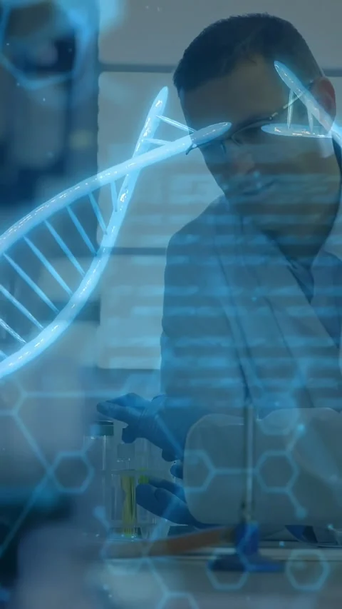 Vertical video: Lab tech checking tubes, pipetting while DNA helix and code Stock Footage 330542934