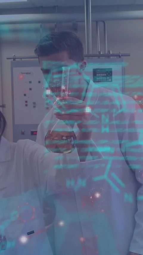 Vertical video: Lab tech checking tube as peer raising flask, AR overlay showing Stock Footage 330542997