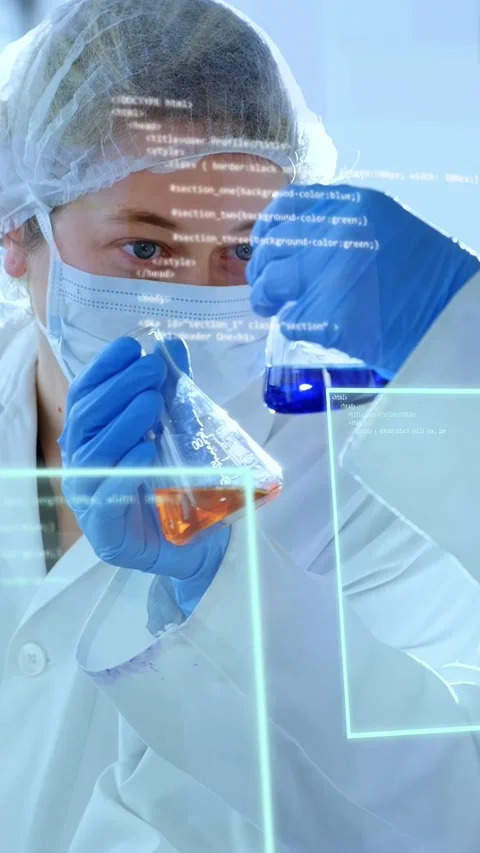 Vertical video: Lab tech checking orange blue vials as gloved hand entering, Stock Footage 335264081