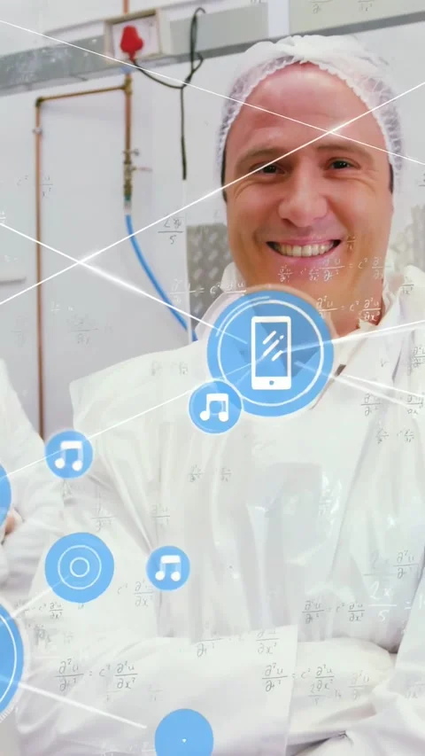 Vertical video: Lab tech in gown as blue phone,chat icons forming, visualizing Stock Footage 331168874