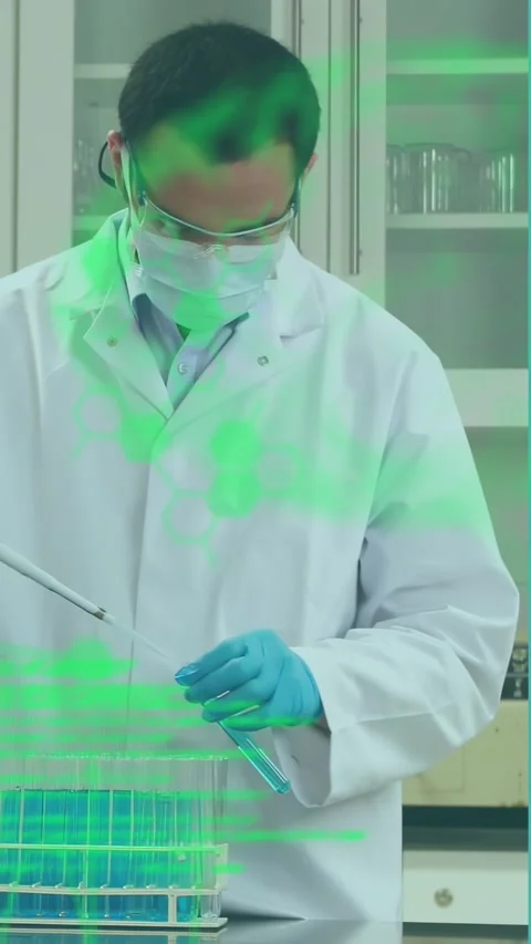 Vertical video: Lab tech grasping pipette pipetting blue liquid into tubes, Stock Footage 330306355