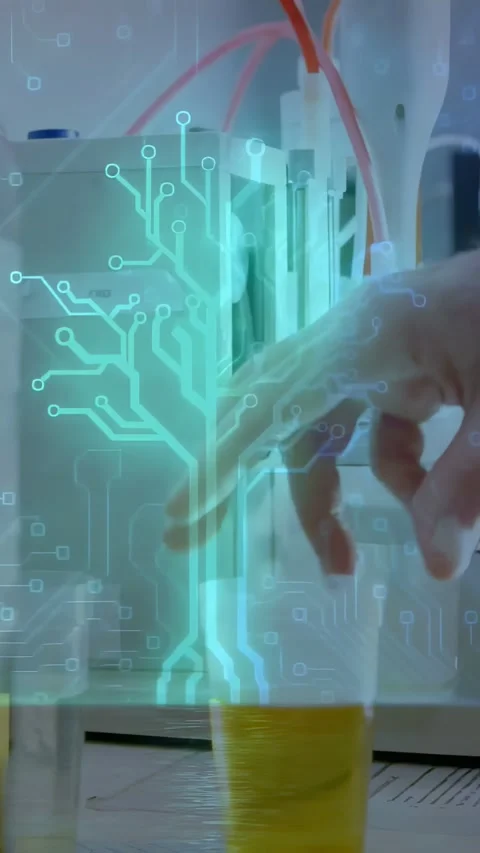 Vertical video: Lab tech hand picking up cup, using analyzer, teal circuit Stock Footage 331337318