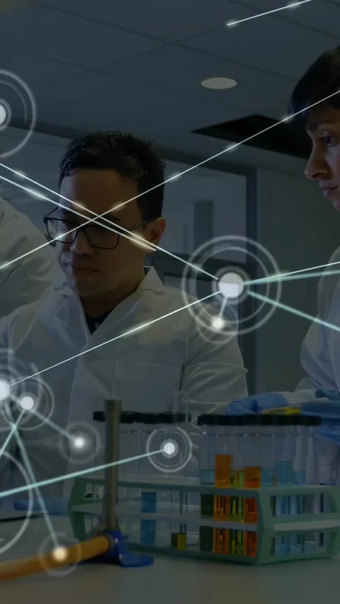 Vertical video: Lab tech handling yellow tube while network graphic appearing, Stock Footage 330358900