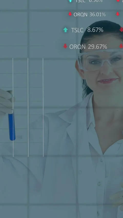 Vertical video: Lab tech holding blue tube and activating percent, arrow, line Stock Footage 330396039