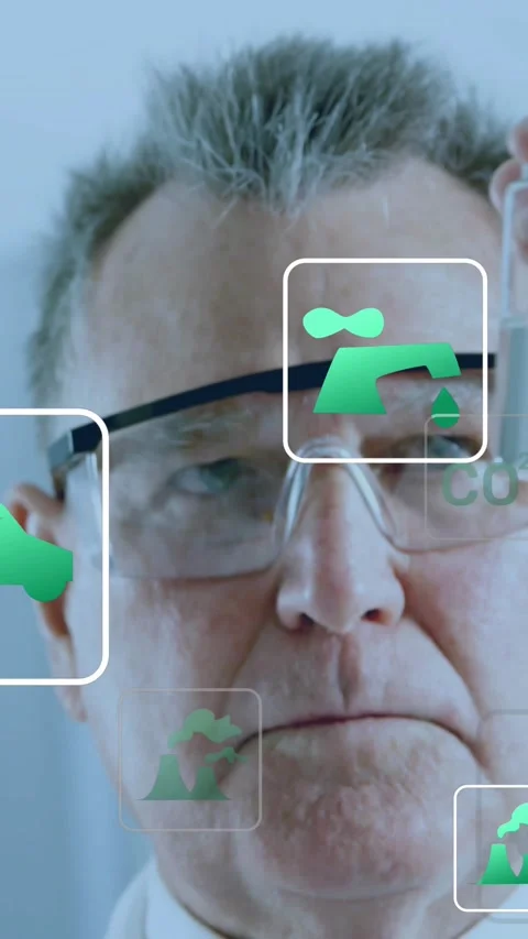 Vertical video: Lab tech holding vial up inspecting while icons drift over face Stock Footage 334541012