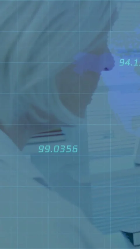 Vertical video: Lab tech leaning, shifting, causing camera showing binders with Stock Footage 331238632