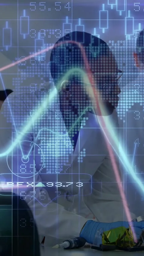 Vertical video: Lab tech leaning at bench, turning to colleague as graphs Stock Footage 331291478