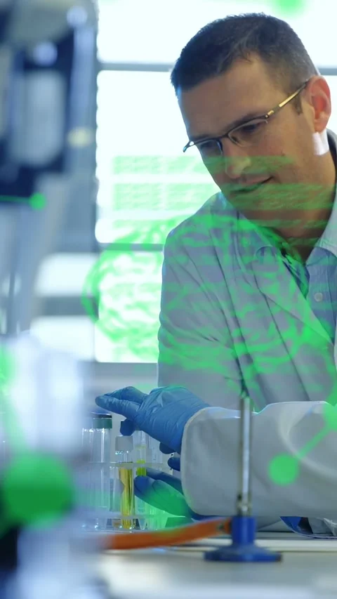 Vertical video: Lab tech leaning over rack pipetting yellow sample, peeking Stock Footage 335264202