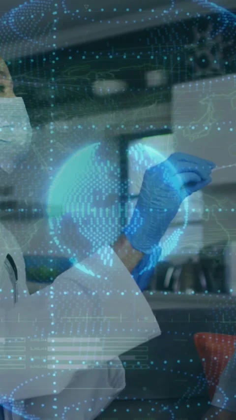 Vertical video: Lab tech lifting hand examining sample for testing while globe Video stock 331334090