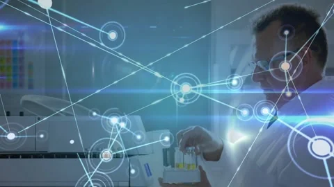 Vertical video: Lab tech loading yellow tube into analyzer activating node web Stock Footage 332289692
