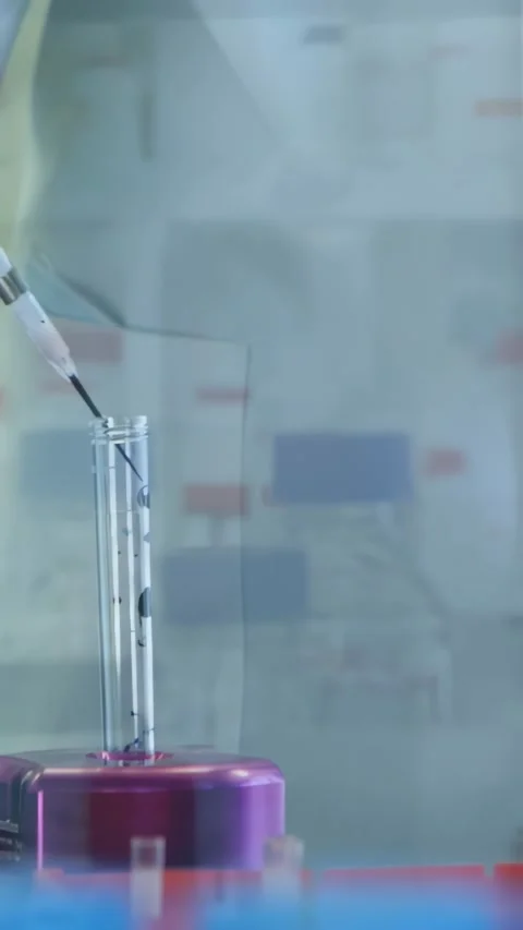 Vertical video: Lab tech lowering pipette into tube on purple rack, animated Stock Footage 330548000