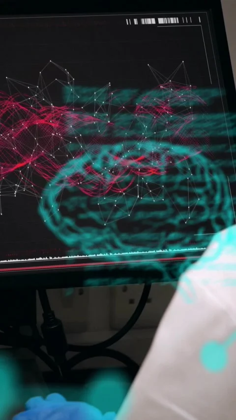 Vertical video: Lab tech observing, monitor running code and revealing turquoise Stock Footage 330655720