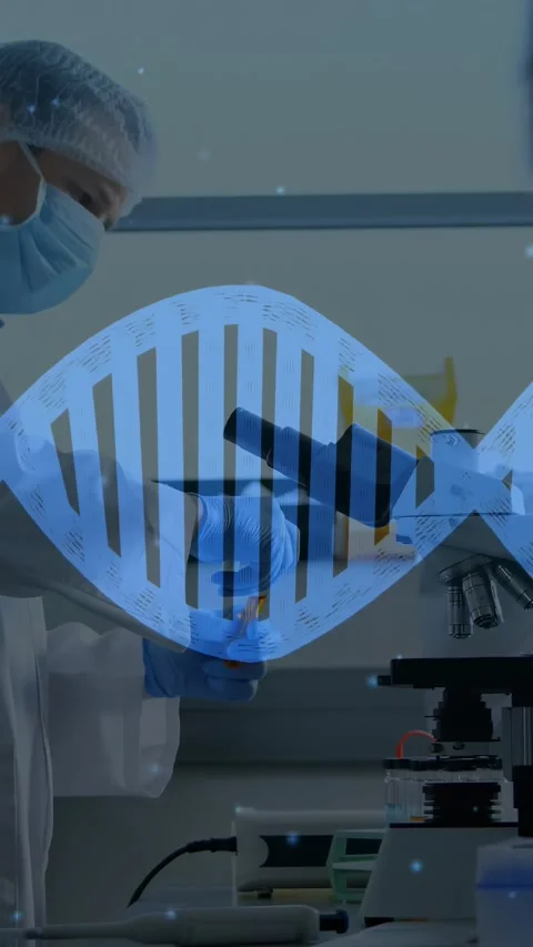 Vertical video: Lab tech picking pipette after DNA helix sweep over tech, Stock Footage 330395992