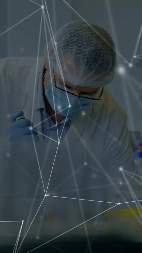 Vertical video: Lab tech picking pipette, pipetting for assay as network overlay Stock Footage 331271307