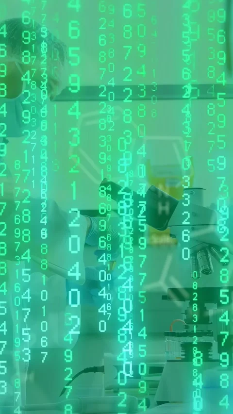 Vertical video: Lab tech pipetting, peer tuning scope, causing green code hiding Stock Footage 332806612