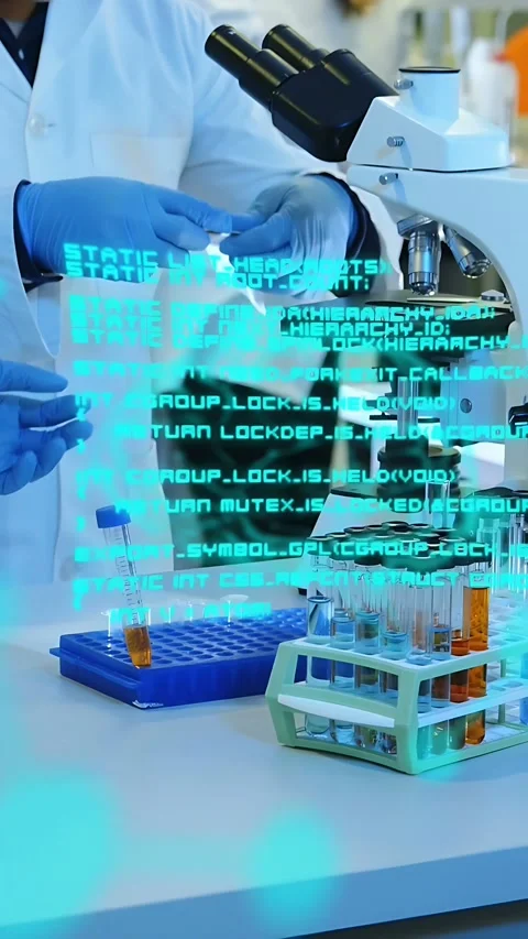 Vertical video: Lab tech pipetting, loading slide and focusing scope, teal Stock Footage 335264082
