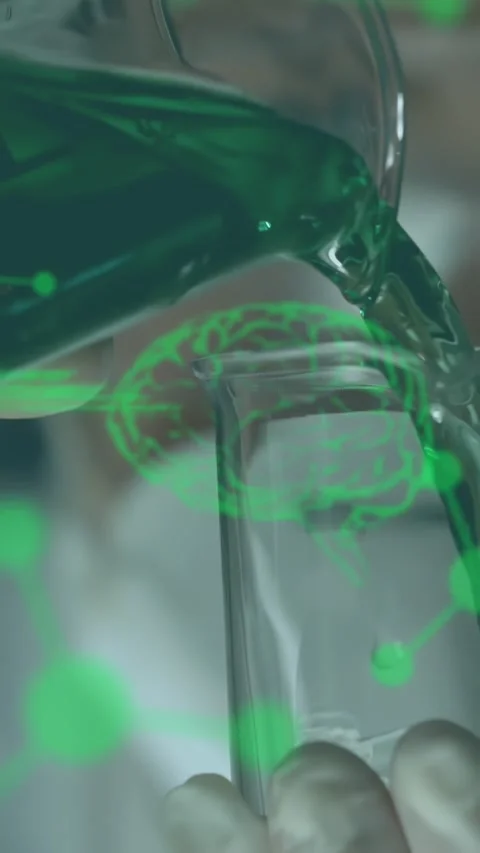 Vertical video: Lab tech pouring green gel into glass tube, causing AR code, Stock Footage 330359170