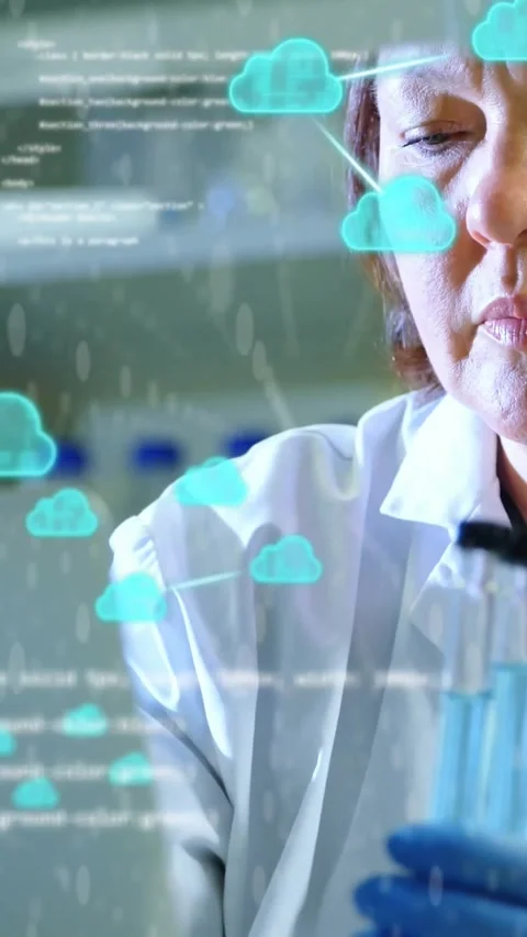 Vertical video: Lab tech raising tube for testing and comparing tubes with cyan Video stock 331215577