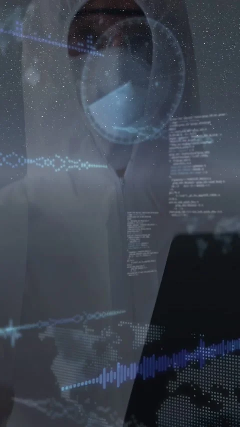 Vertical video: Lab tech raising hand, activating scanner and revealing HUD code Stock Footage 333036444