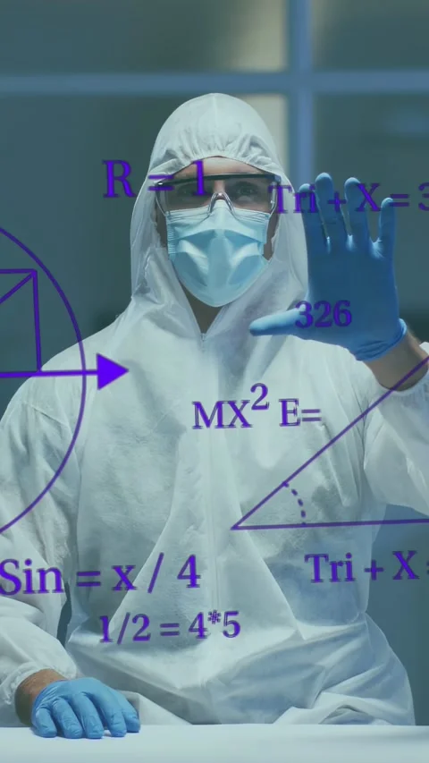 Vertical video: Lab tech raising right hand as math graphs fading moving Stock Footage 334836956