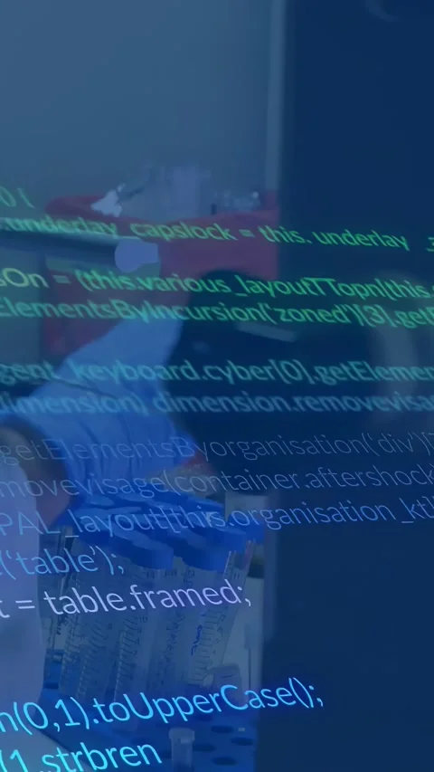 Vertical video: Lab tech reaching for blue tubes testing samples with code Stock Footage 330982467