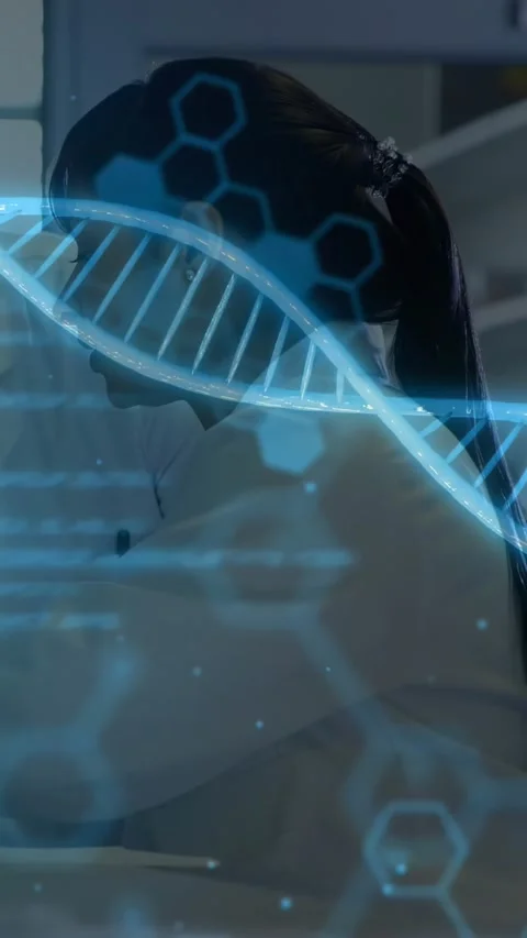 Vertical video: Lab tech sitting bench DNA helix drifting showing face code hex Stock Footage 330542935