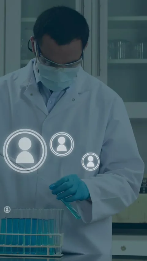 Vertical video: Lab tech starting pipette transfer in lab, avatars around hands Stock Footage 330720325