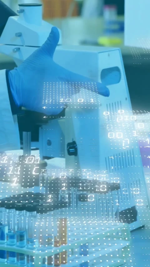 Vertical video: Lab tech starting vortex, pipetting for test while binary 스톡 동영상 332506835