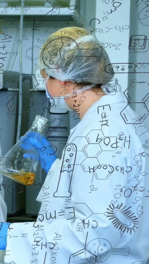 Vertical video: Lab tech taking flask off gloved hand turning amber liquid with Stock Footage 335264093