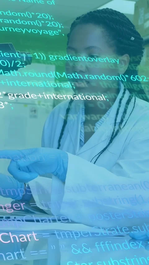 Vertical video: Lab tech tapping tablet while checking data, teal code shifting Stock Footage 330509875