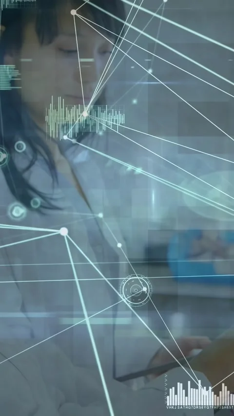 Vertical video: Lab tech tapping testing device and phone, activating HUD Stock Footage 332598439